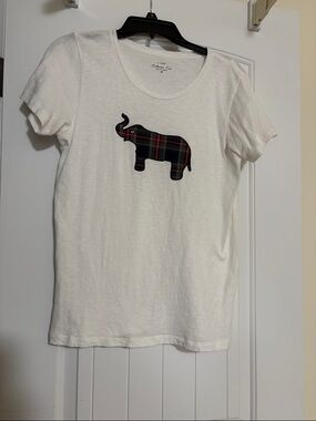 JCrew Women White Tee with Plaid Elephant Applique - Classic Casual Top